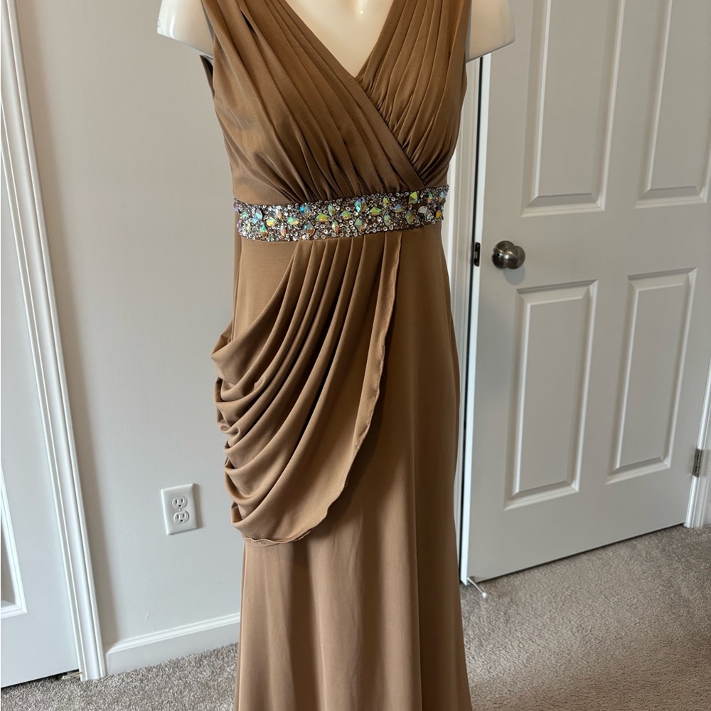 Gold Asymmetrical Gown with V-Neck and Sleeveless Design